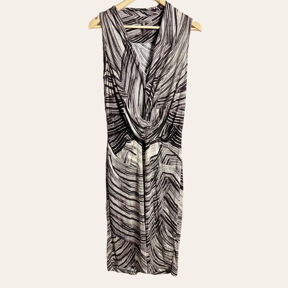 Halston Heritage Gray White Abstract Striped Draped Front Sleeveless Dress Sz 4